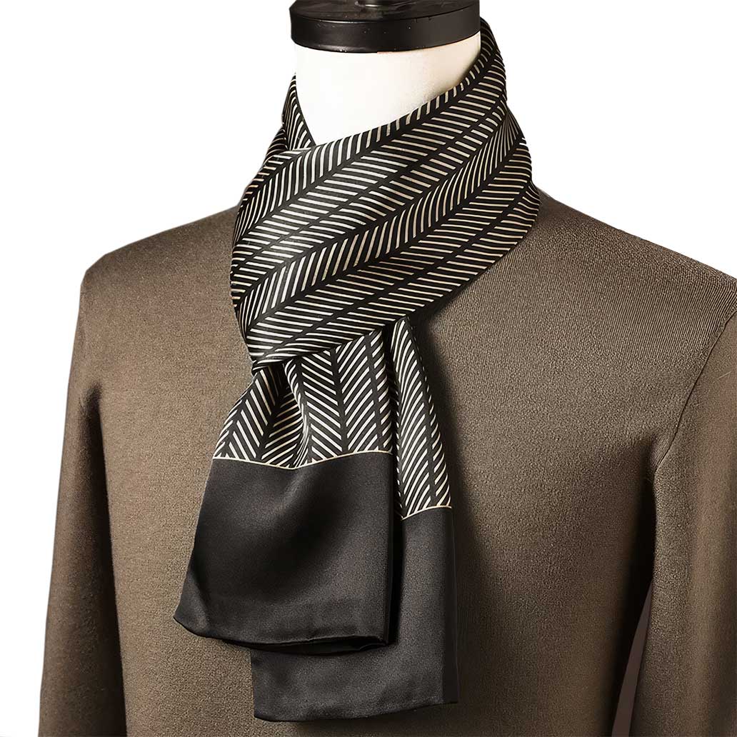 Foulard Homme Soie Noir Motif Chevron Graphique